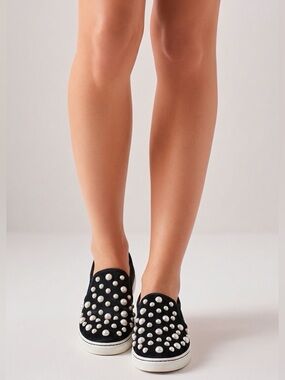 Alice & Olivia Stylish Black Slip On sneakers with Pearls